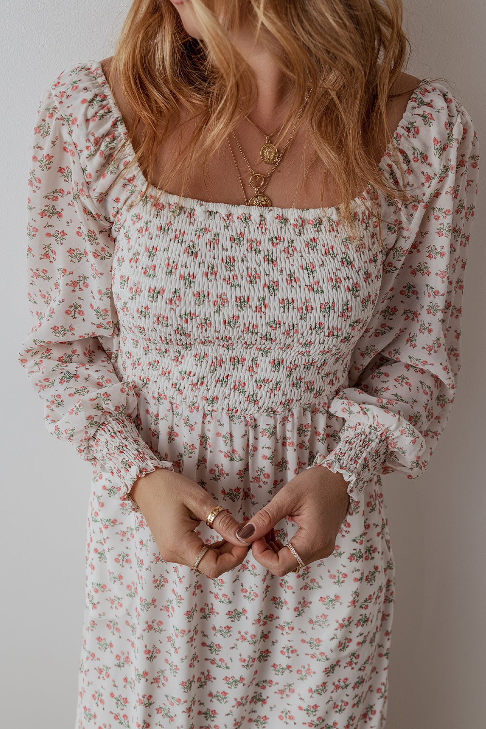 White Floral Ruffled Hem Midi Dress
