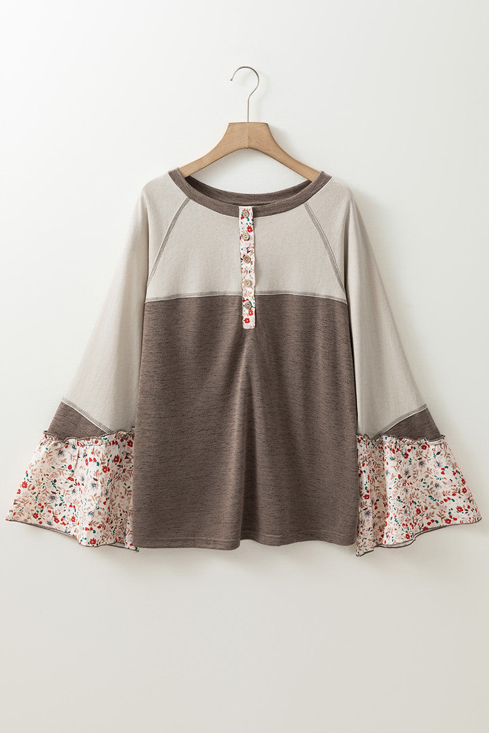 Goat Floral Patchwork Flared Sleeve Henley Top