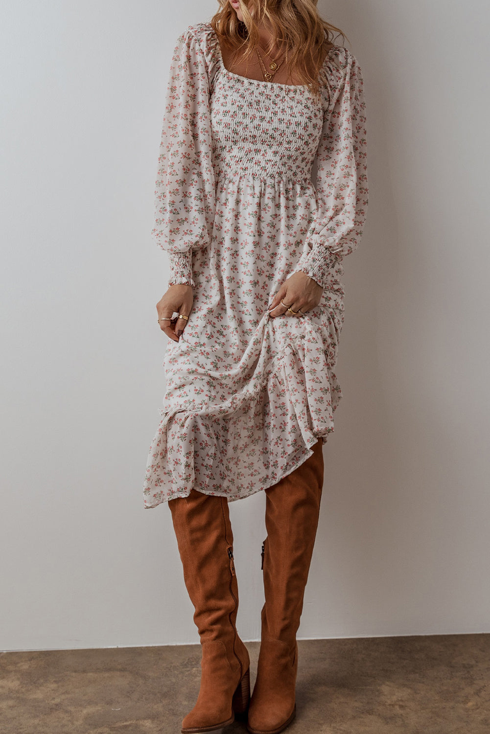 White Floral Ruffled Hem Midi Dress