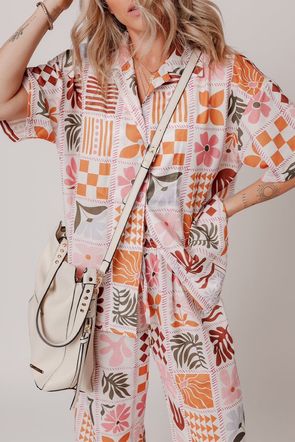 Floral Checkered Print Collared Shirt and Wide Leg Pants Set