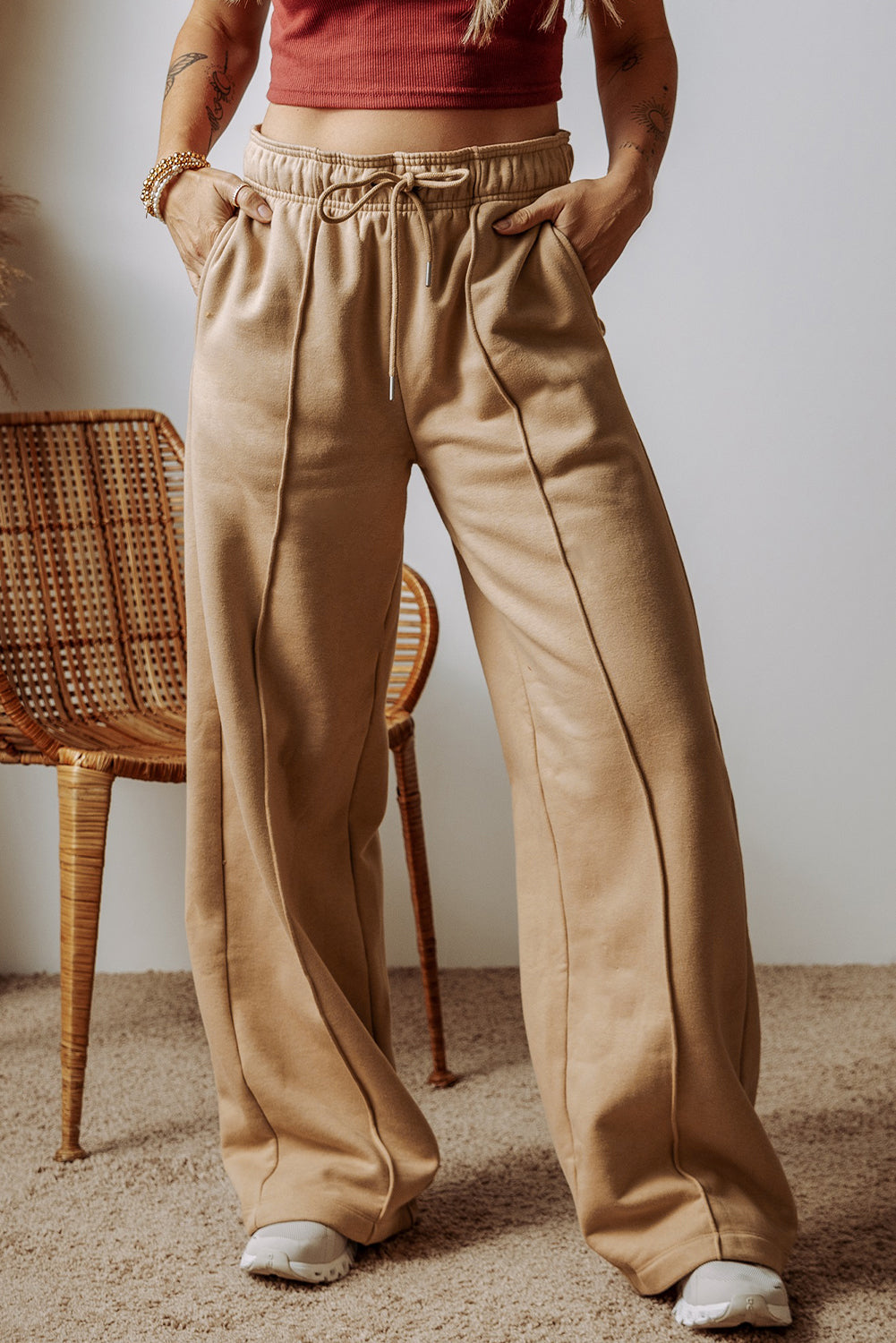 Smoke Gray Exposed Seam Drawstring Wide Leg Pants