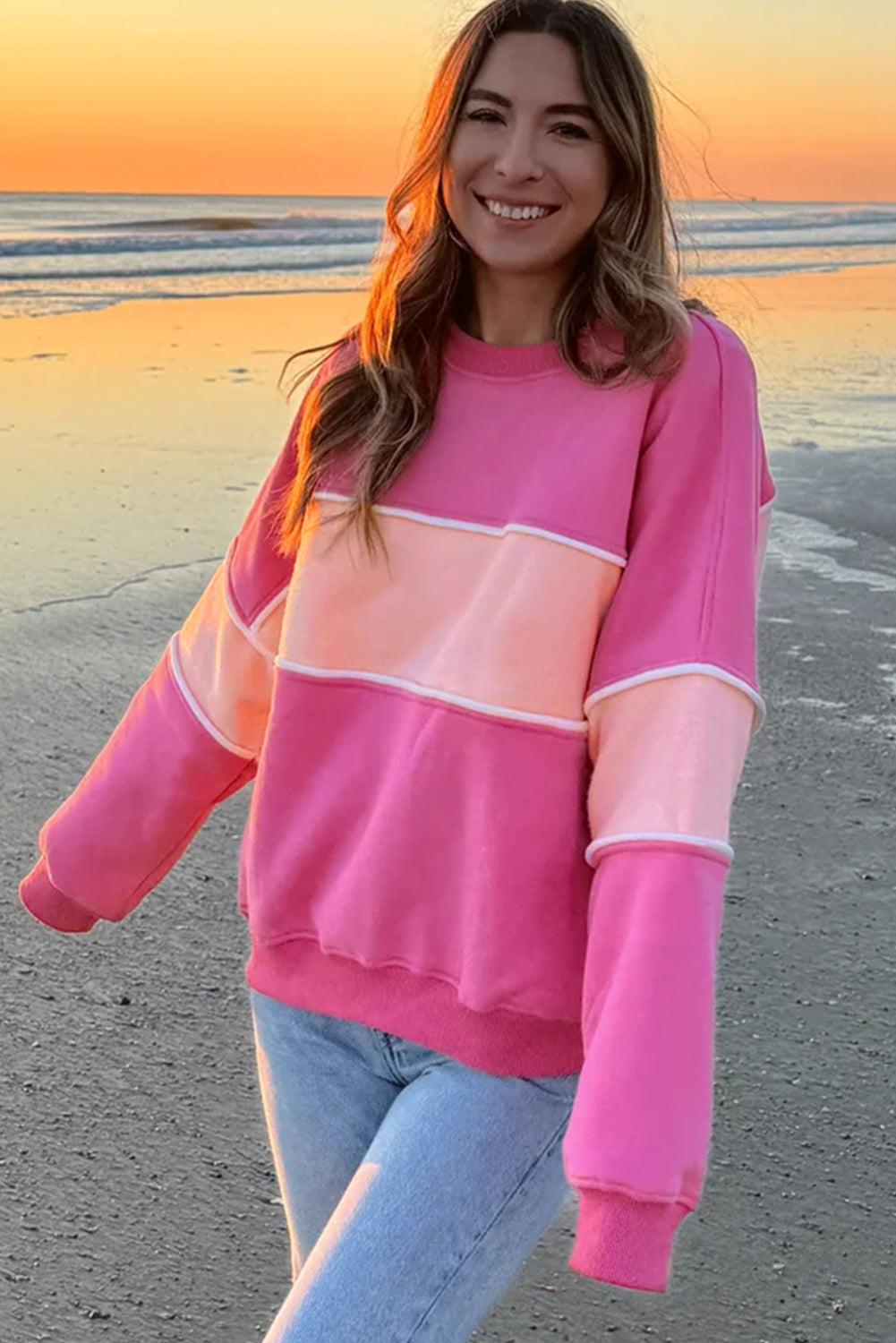 Pink Colorblock Drop Shoulder Ribbed Trim Sweatshirt