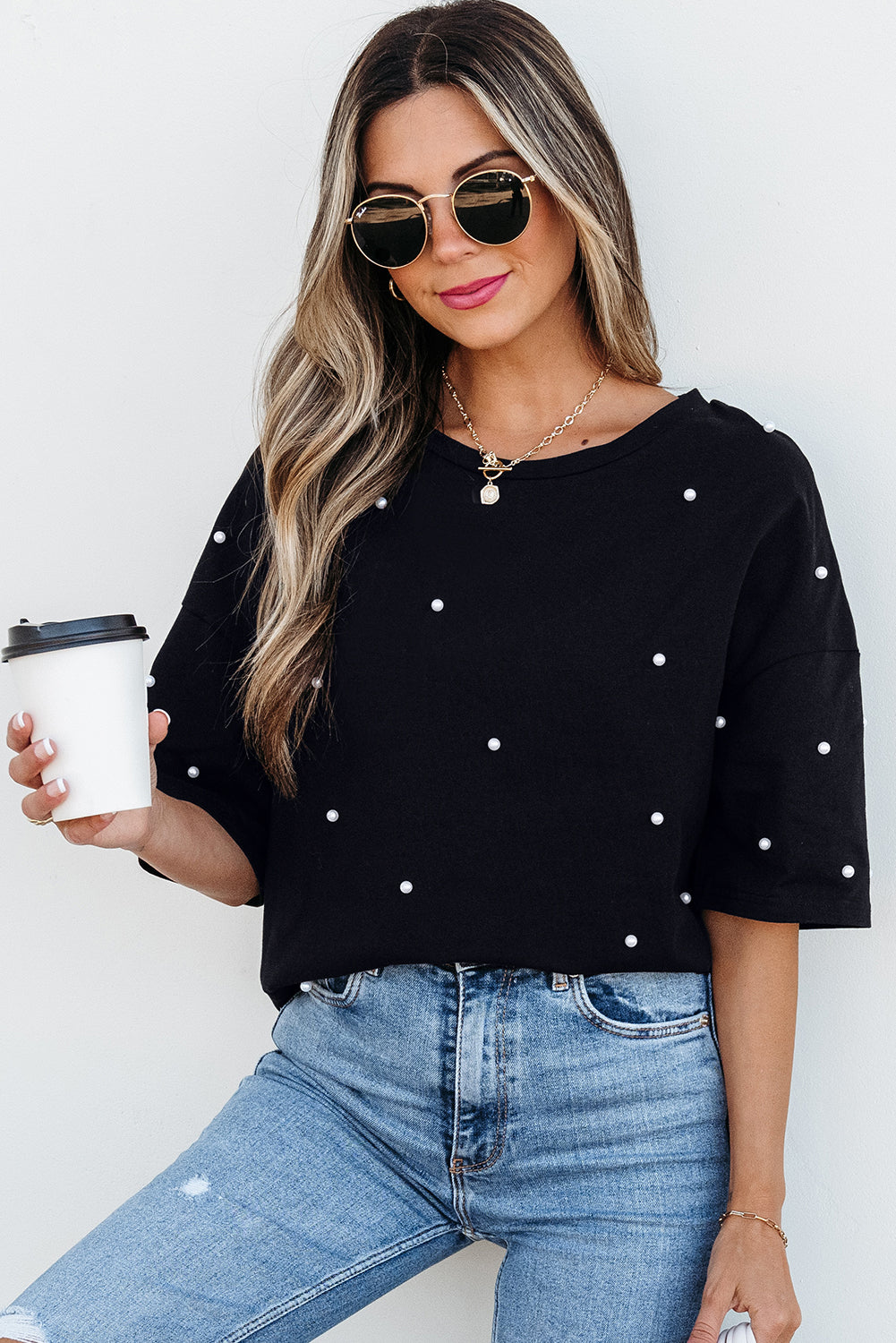 Pearl Beaded Drop Shoulder T-Shirt