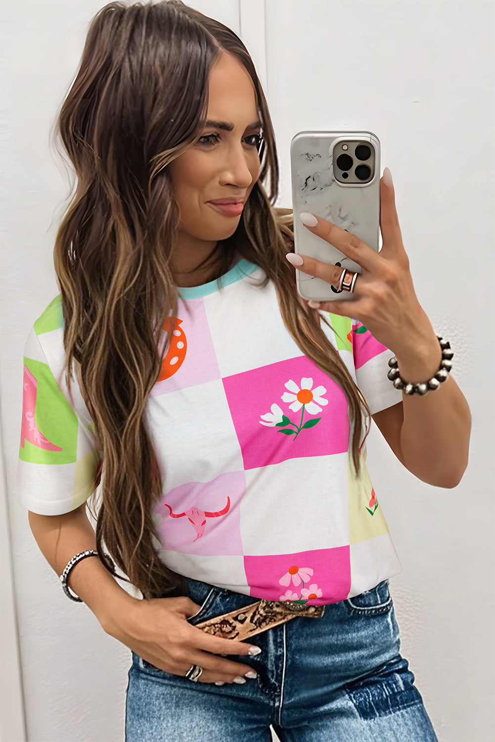 Western Fashion Checkered Print Crewneck T-Shirt