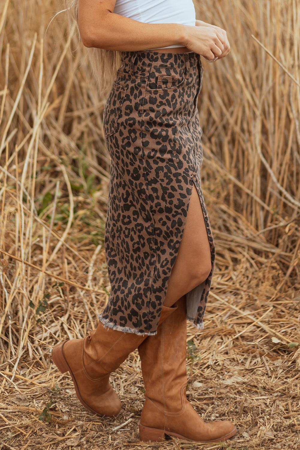 Brown Leopard Frayed Split Denim Midi Skirt