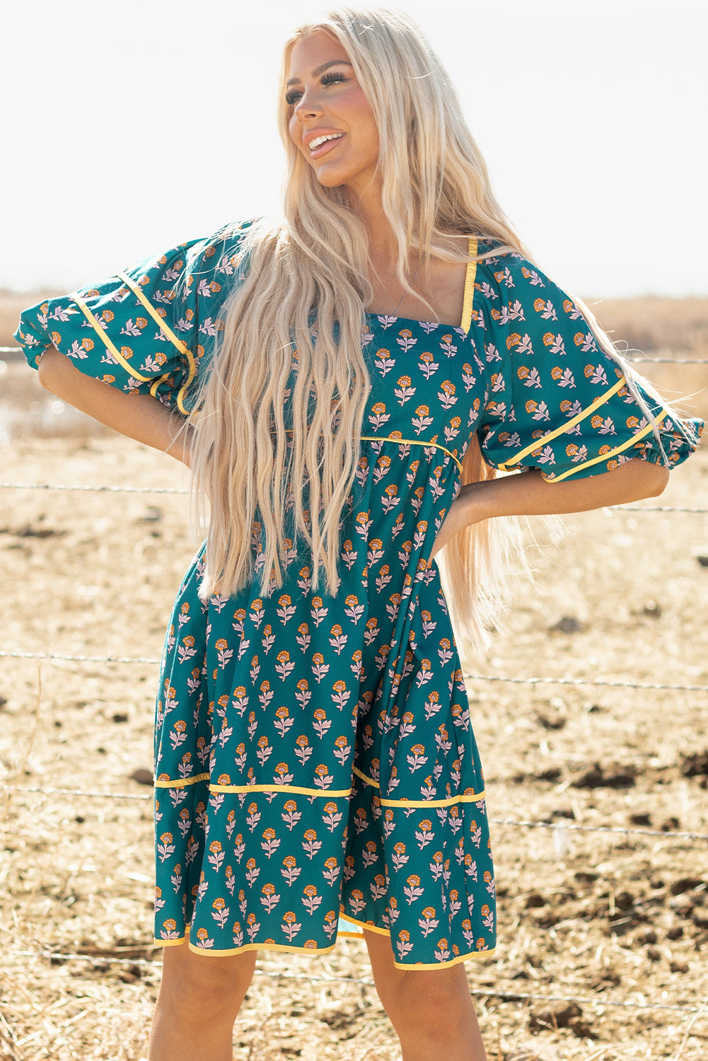 Floral Contrast Trim Square Neck Puff Sleeve Dress