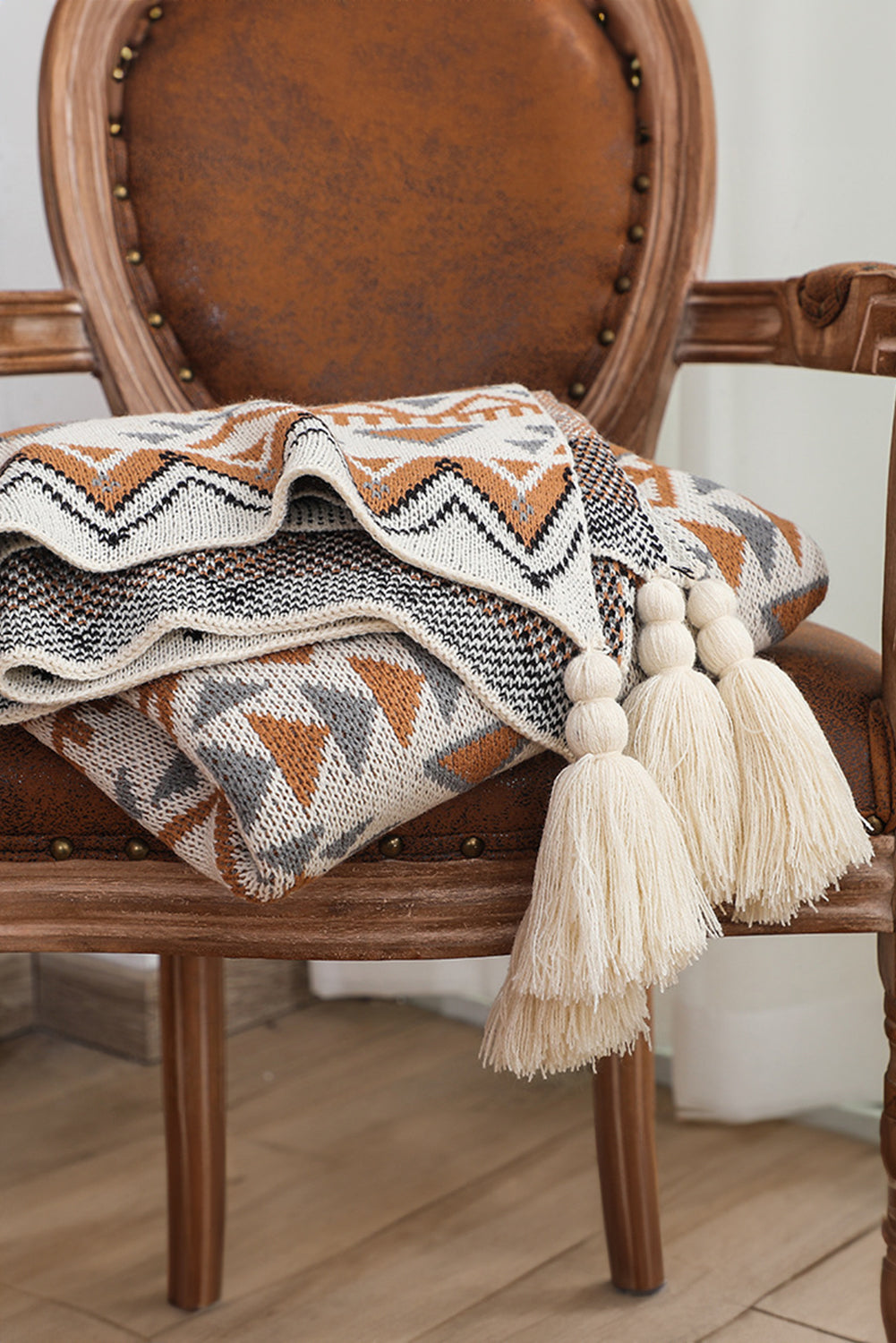 Geometric Pattern Knit Bohemian Tassel Throw Blanket
