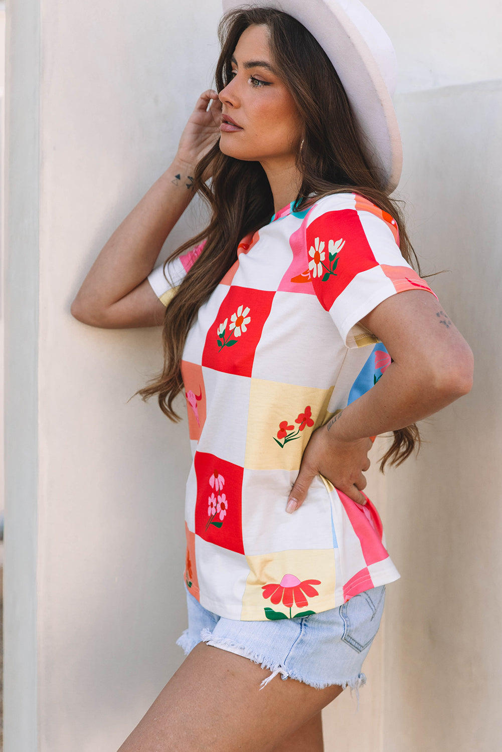 Western Fashion Checkered Print Crewneck T-Shirt
