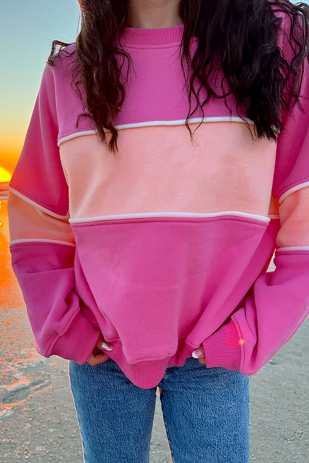 Pink Colorblock Drop Shoulder Ribbed Trim Sweatshirt