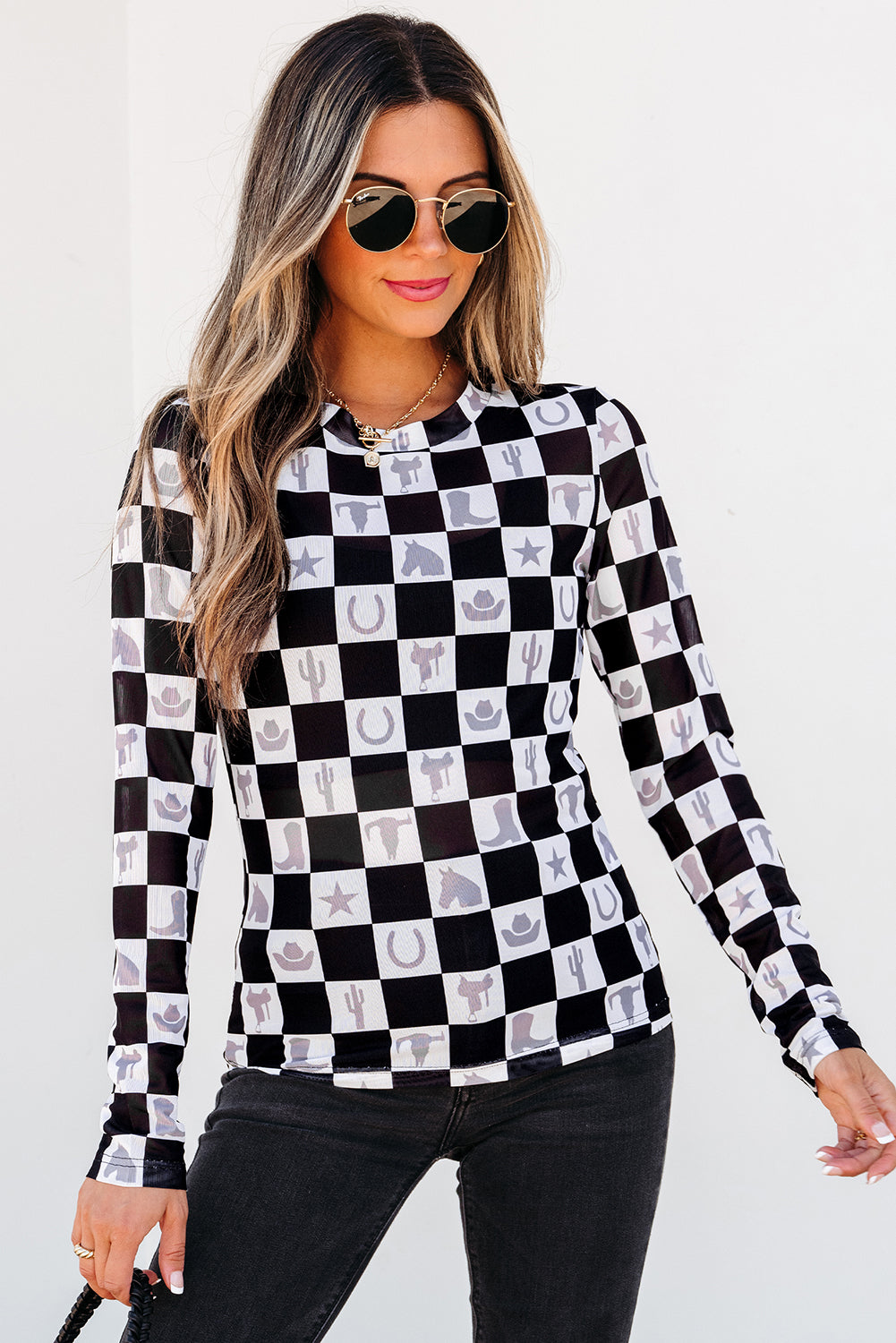 Black Checkered Western Elements Mesh Long Sleeve Top