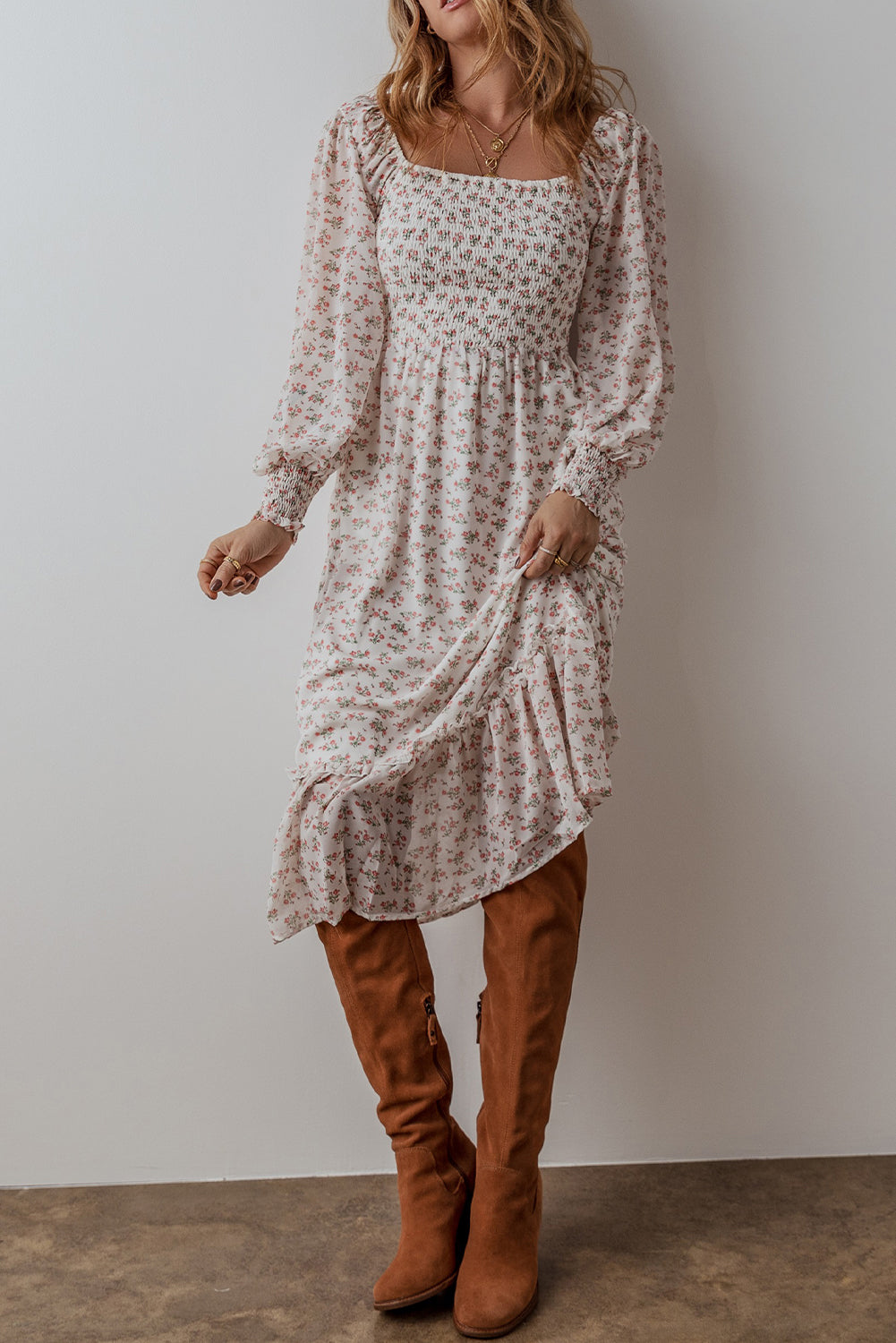 White Floral Ruffled Hem Midi Dress