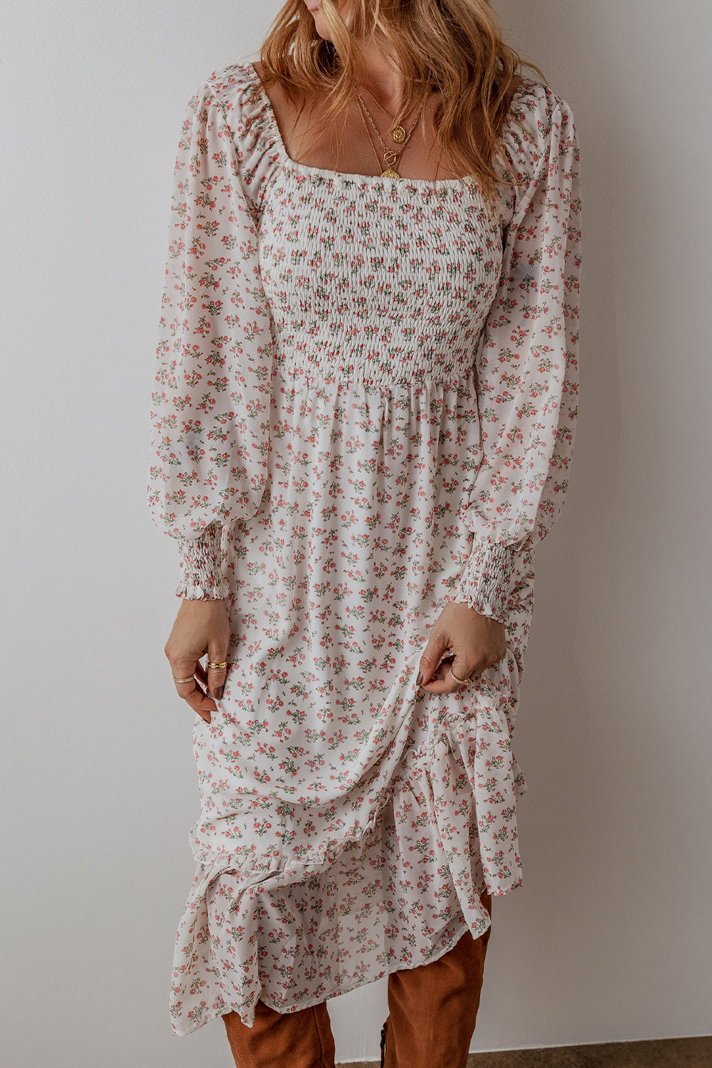 White Floral Ruffled Hem Midi Dress
