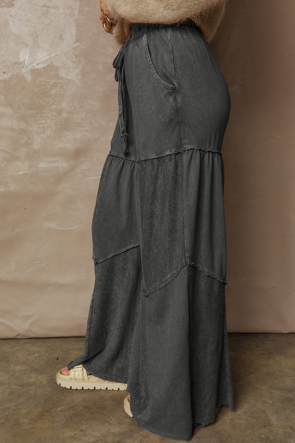 Black Mineral Wash Wide Leg Patchwork Drawstring Pants
