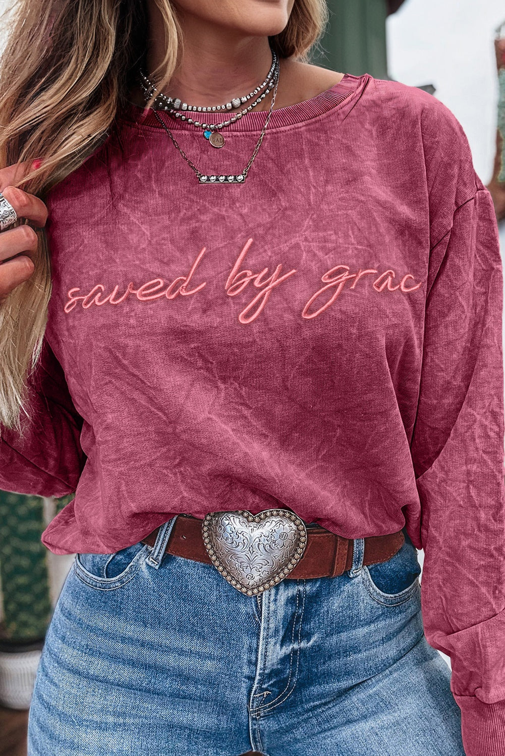 saved by grace Letter Embroidery Mineral Wash Loose Sweatshirt
