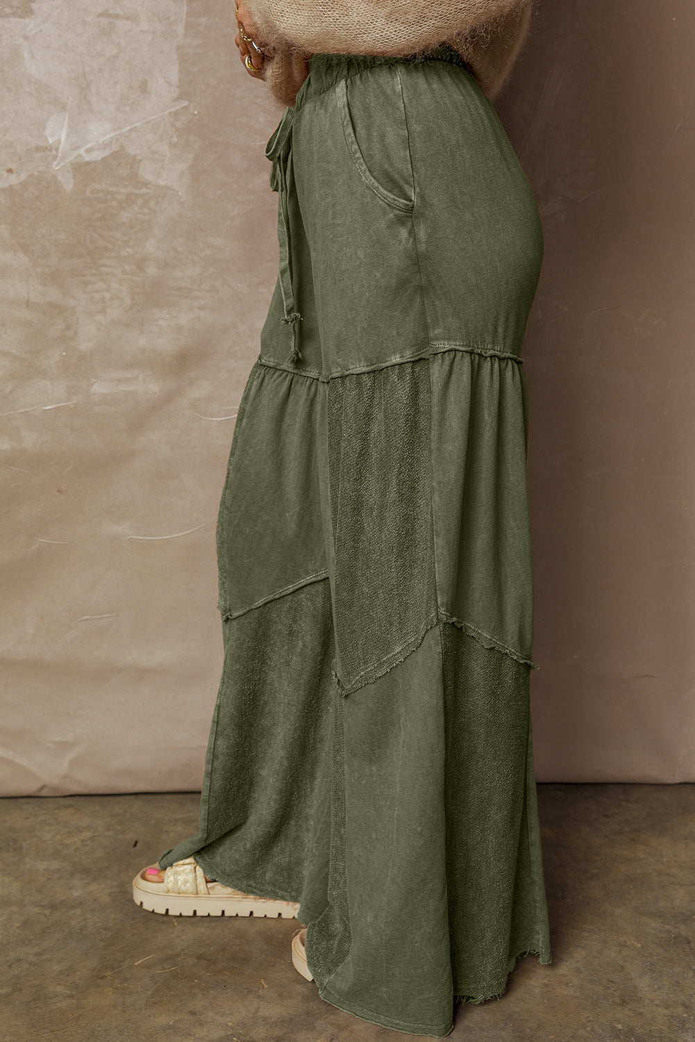 Green Mineral Wash Wide Leg Patchwork Drawstring Pants