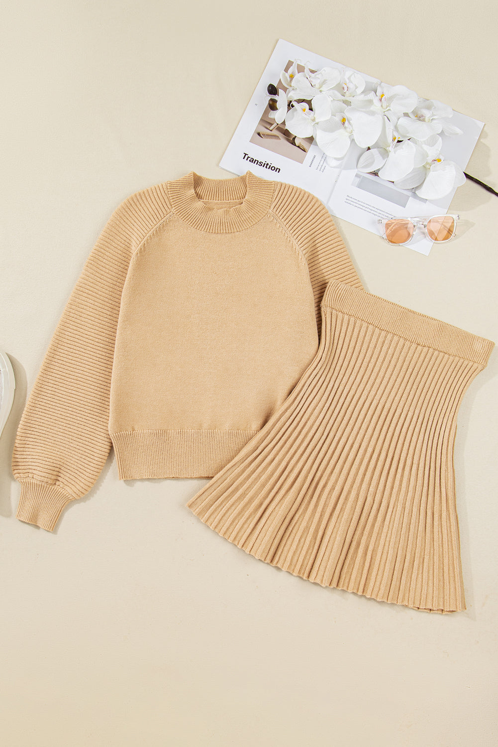 Smoke Gray High Neck Puff Sleeve Sweater Pleated Mini Skirt Set