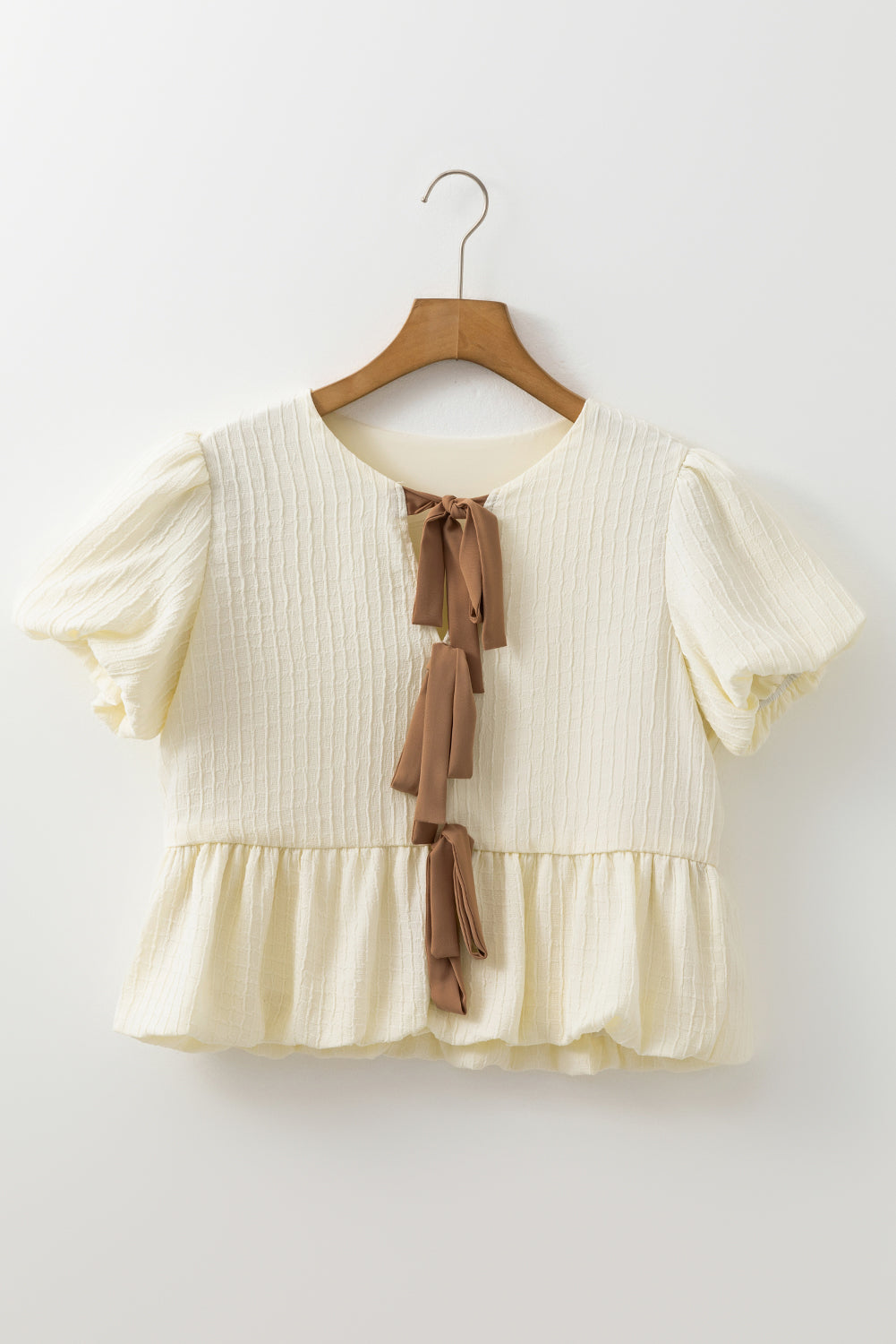 Beige Bow Ties Short Sleeve Blouse