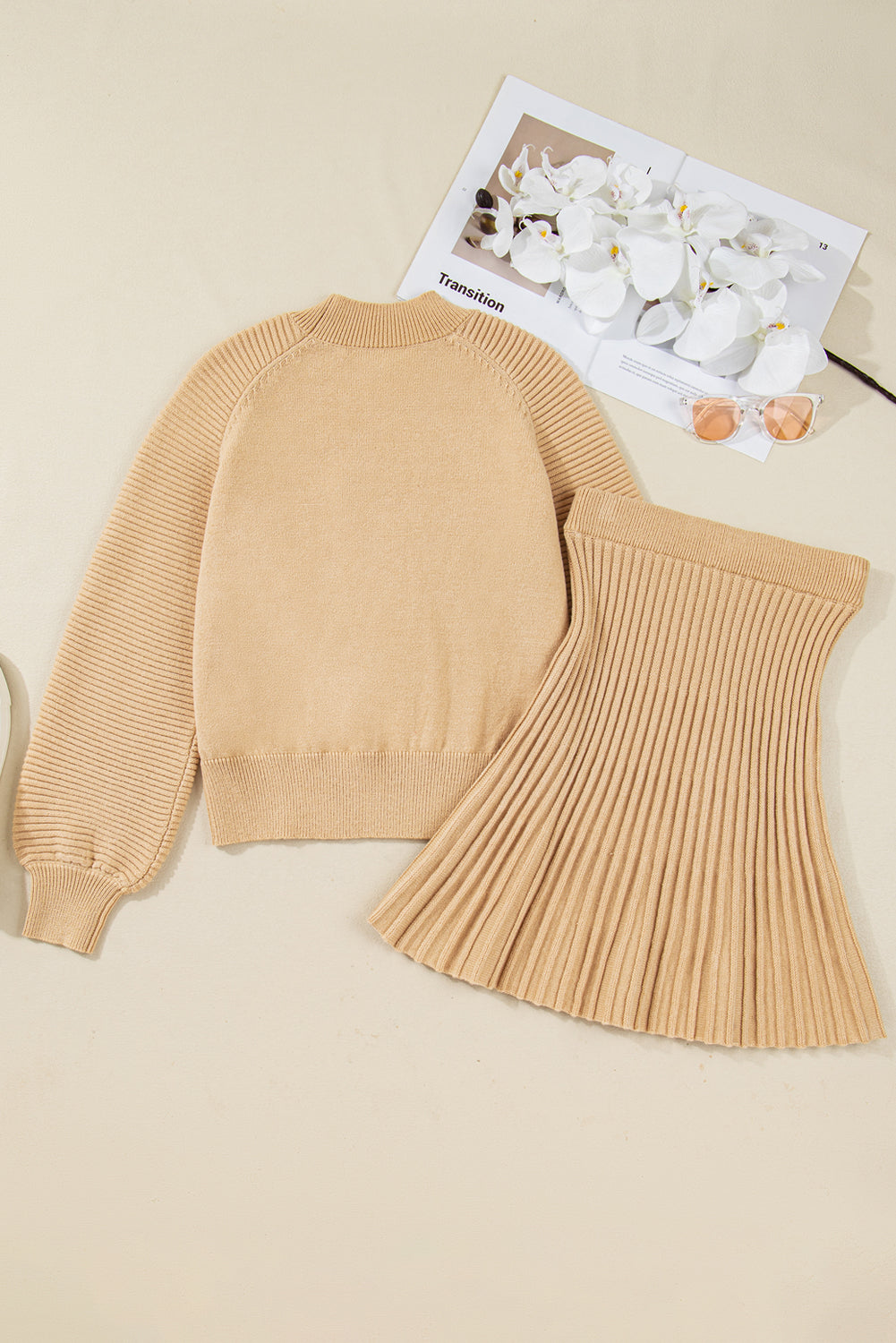 Smoke Gray High Neck Puff Sleeve Sweater Pleated Mini Skirt Set