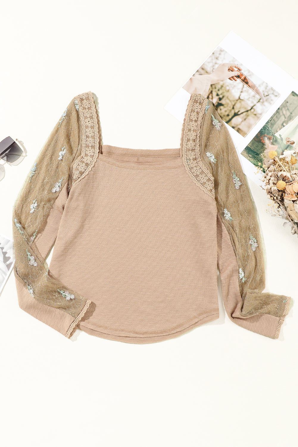 French Beige Floral Gauze Sleeve Ribbed Top