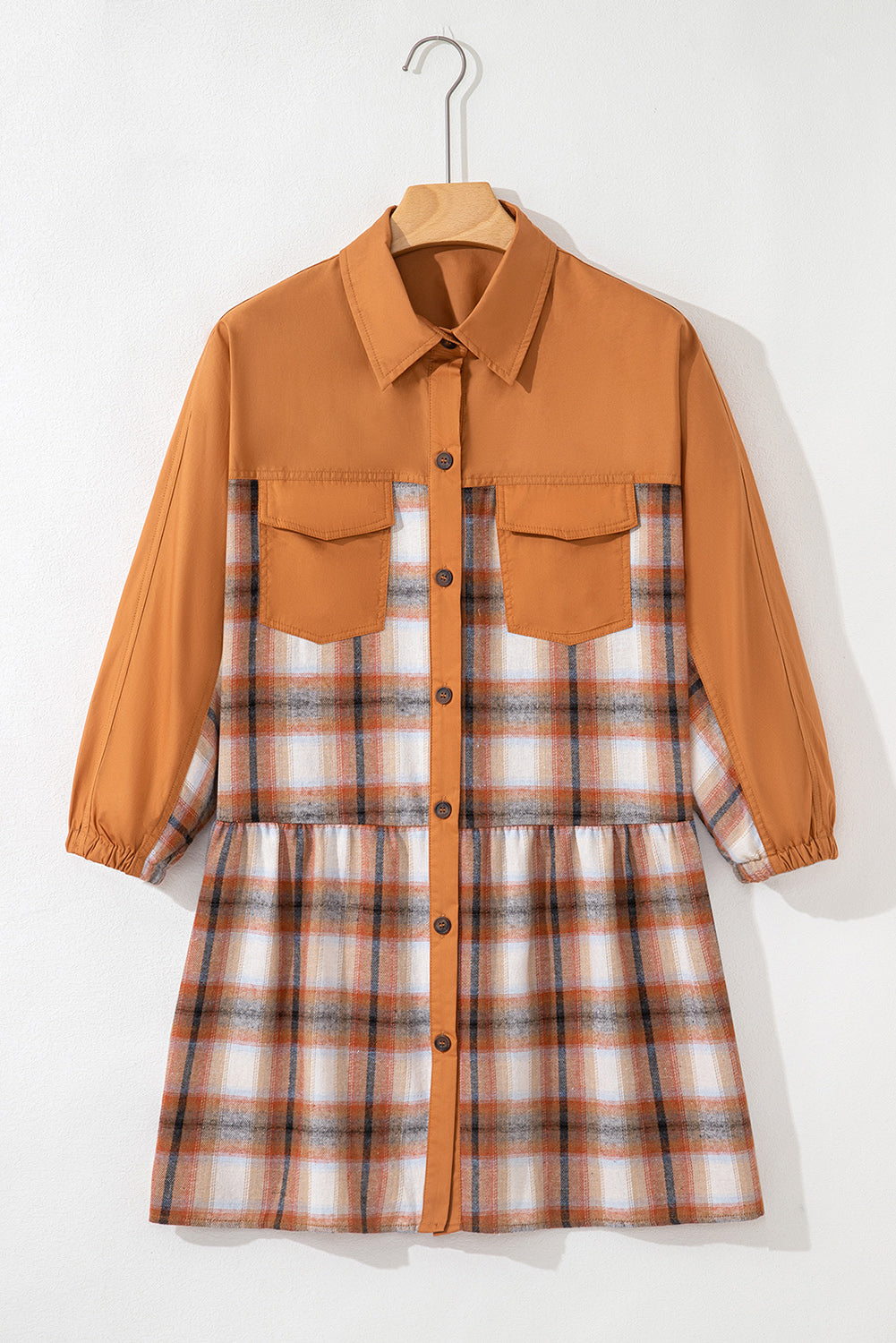 Khaki Plaid Color Block Ruffle Hem Dress
