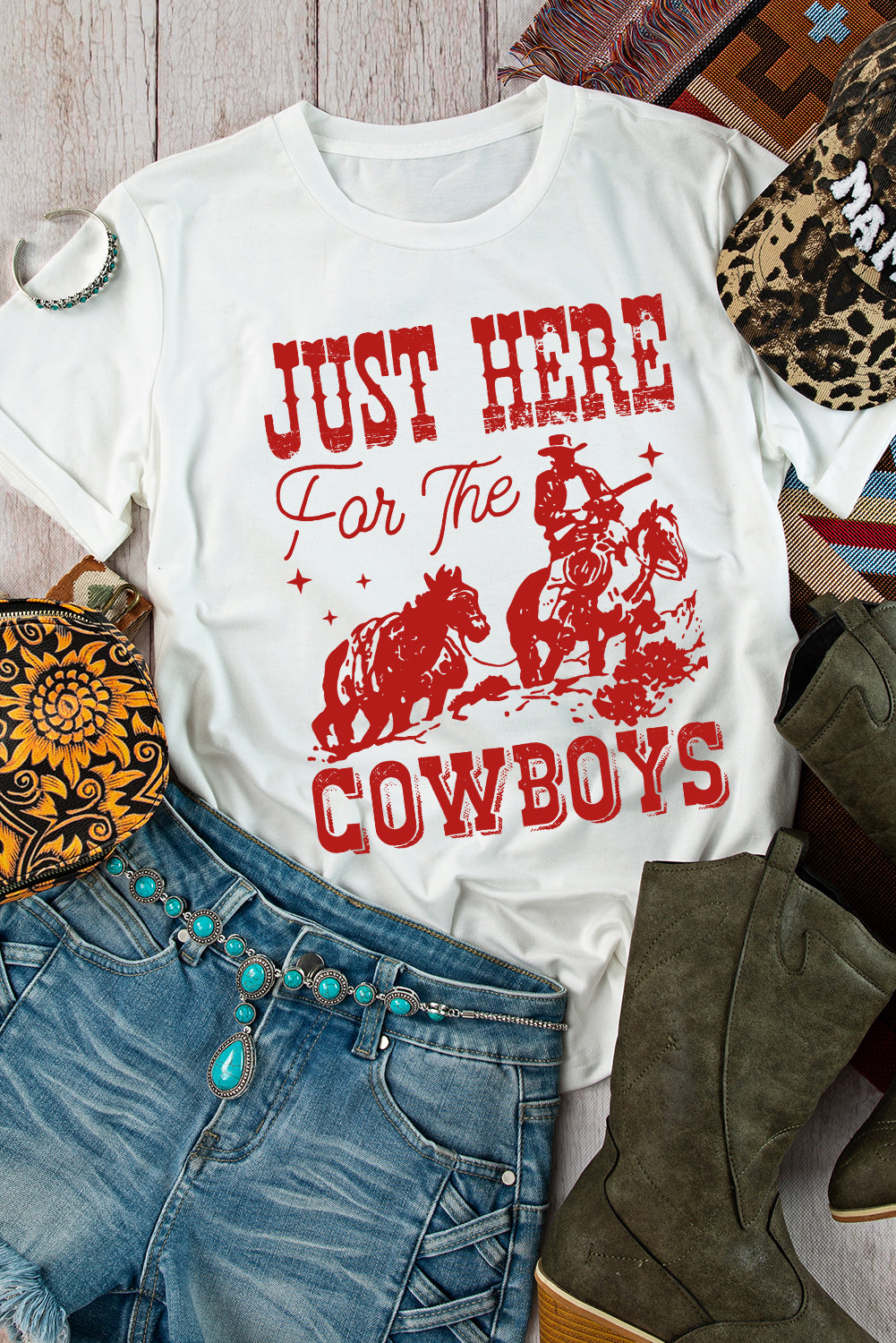 White JUST HERE For The COWBOYS Cuffed Sleeve Crew Neck T-Shirt