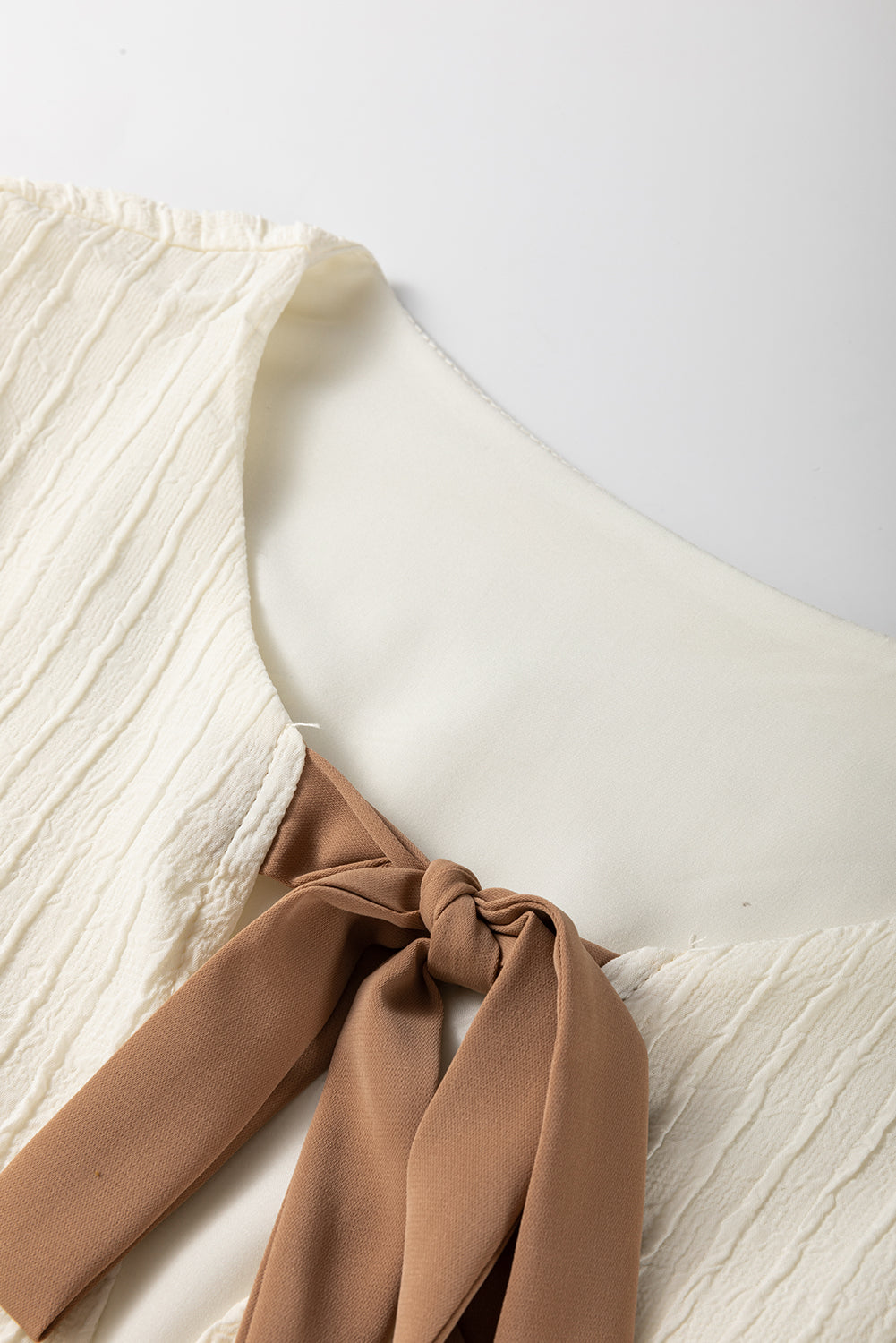 Beige Bow Ties Short Sleeve Blouse