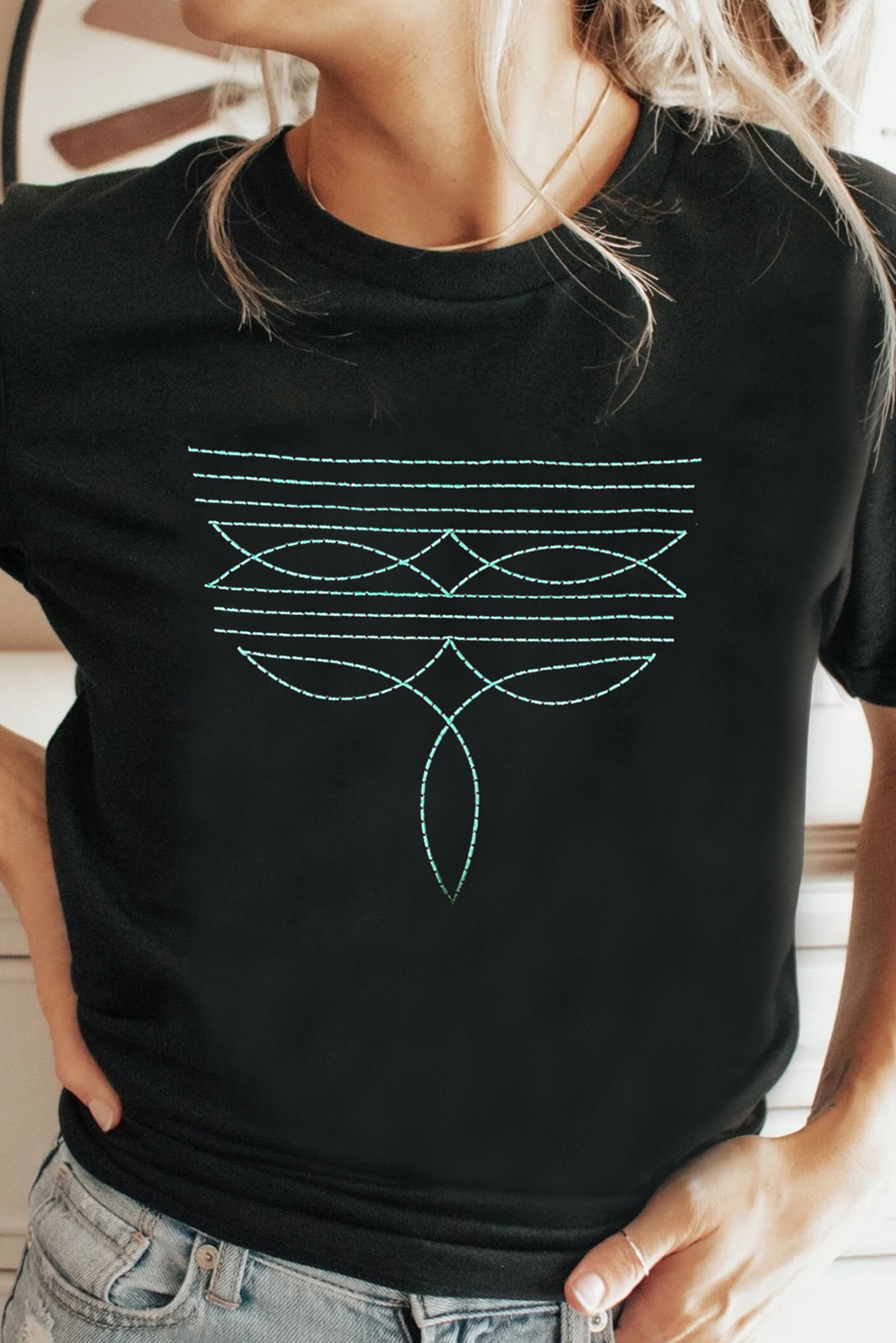 Black Western Fashion Geometric Embroidered T-Shirt