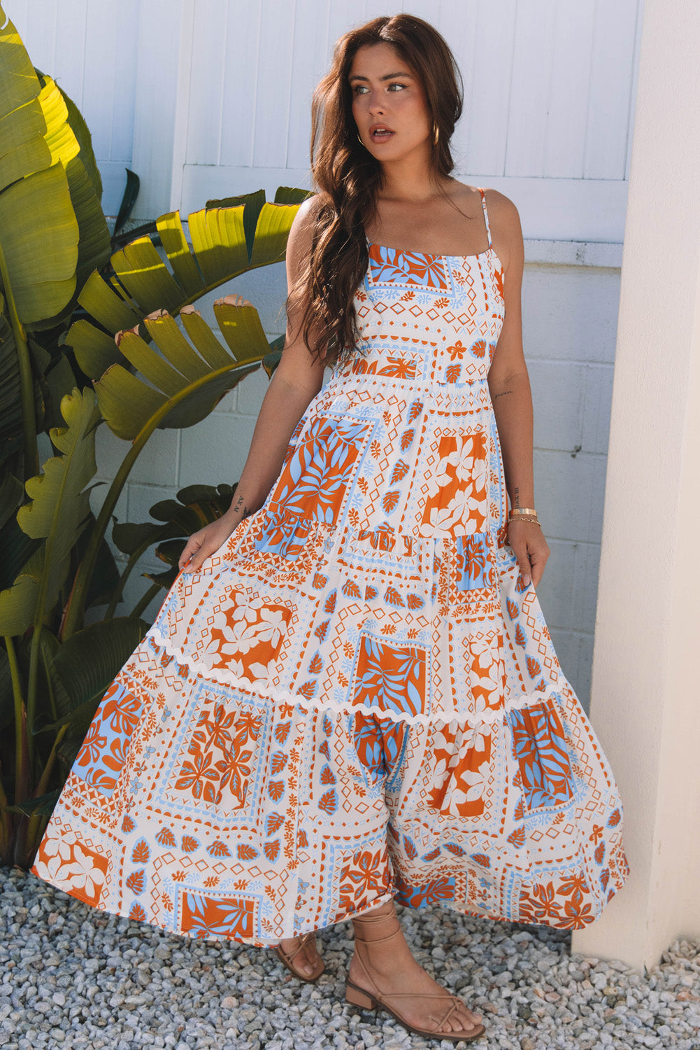 Multi Printed Ricrac Trim Spaghetti Straps Maxi Dress