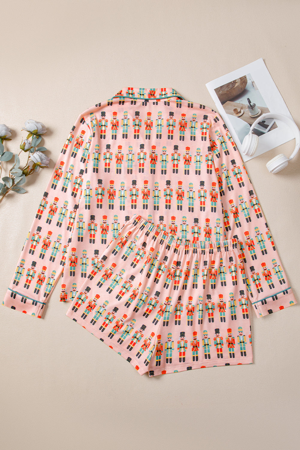 Pink Nutcracker Long Sleeve Button Up Pajama Short Set
