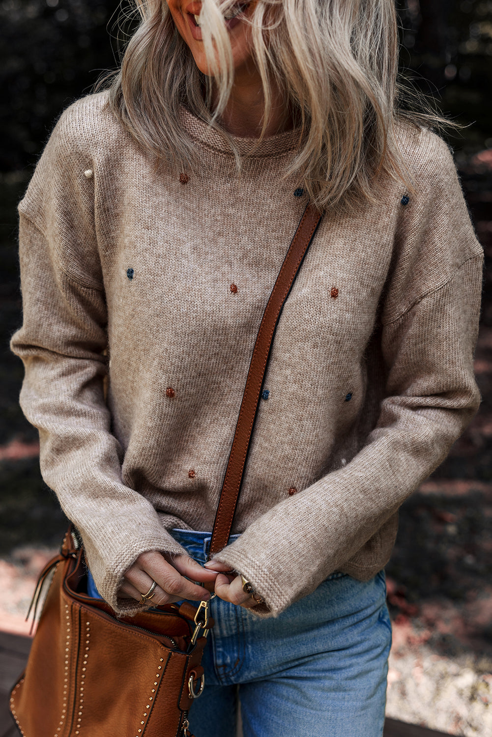 Gray Dot Detail Drop Shoulder Sweater