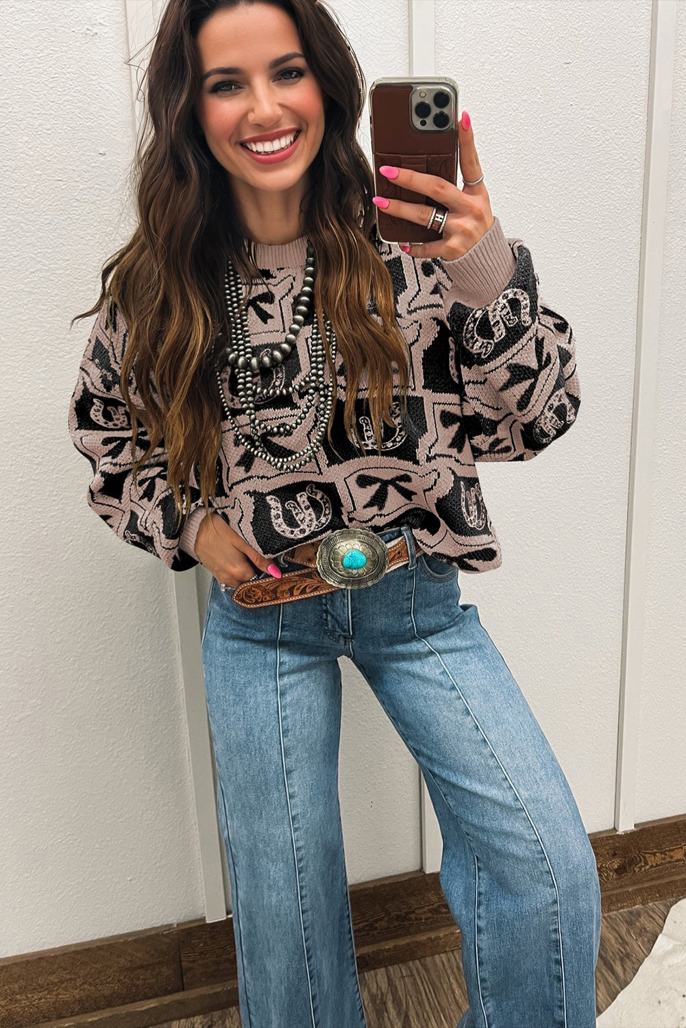 Black Bows & Horseshoes Pattern Western Print Sweater