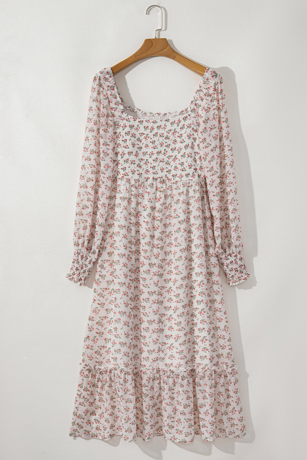 White Floral Ruffled Hem Midi Dress