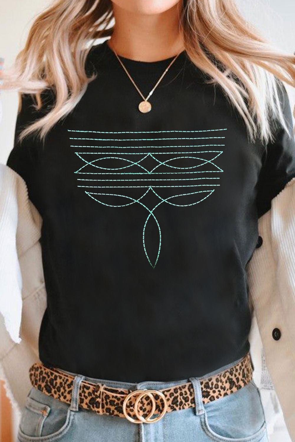Black Western Fashion Geometric Embroidered T-Shirt