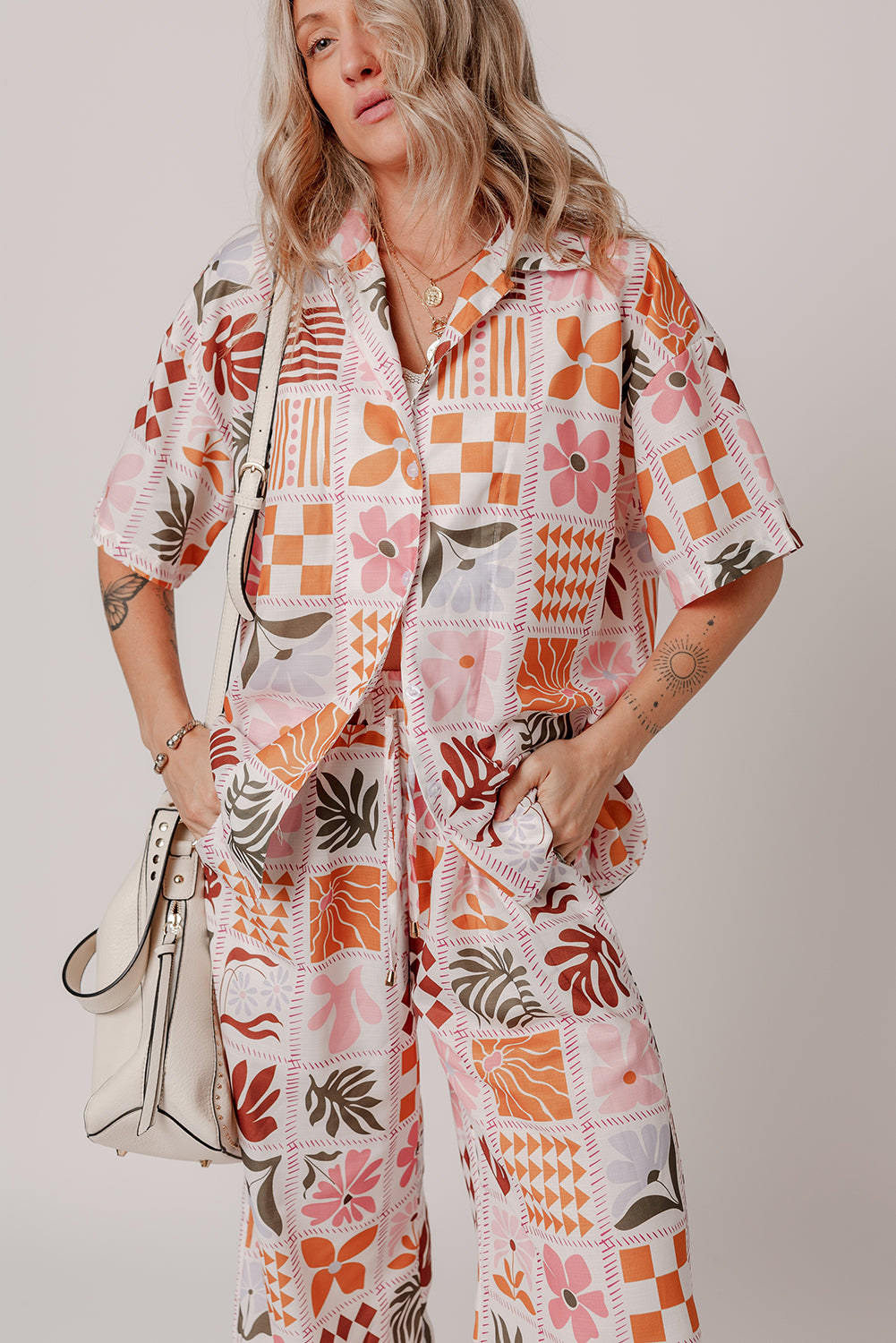 Floral Checkered Print Collared Shirt and Wide Leg Pants Set