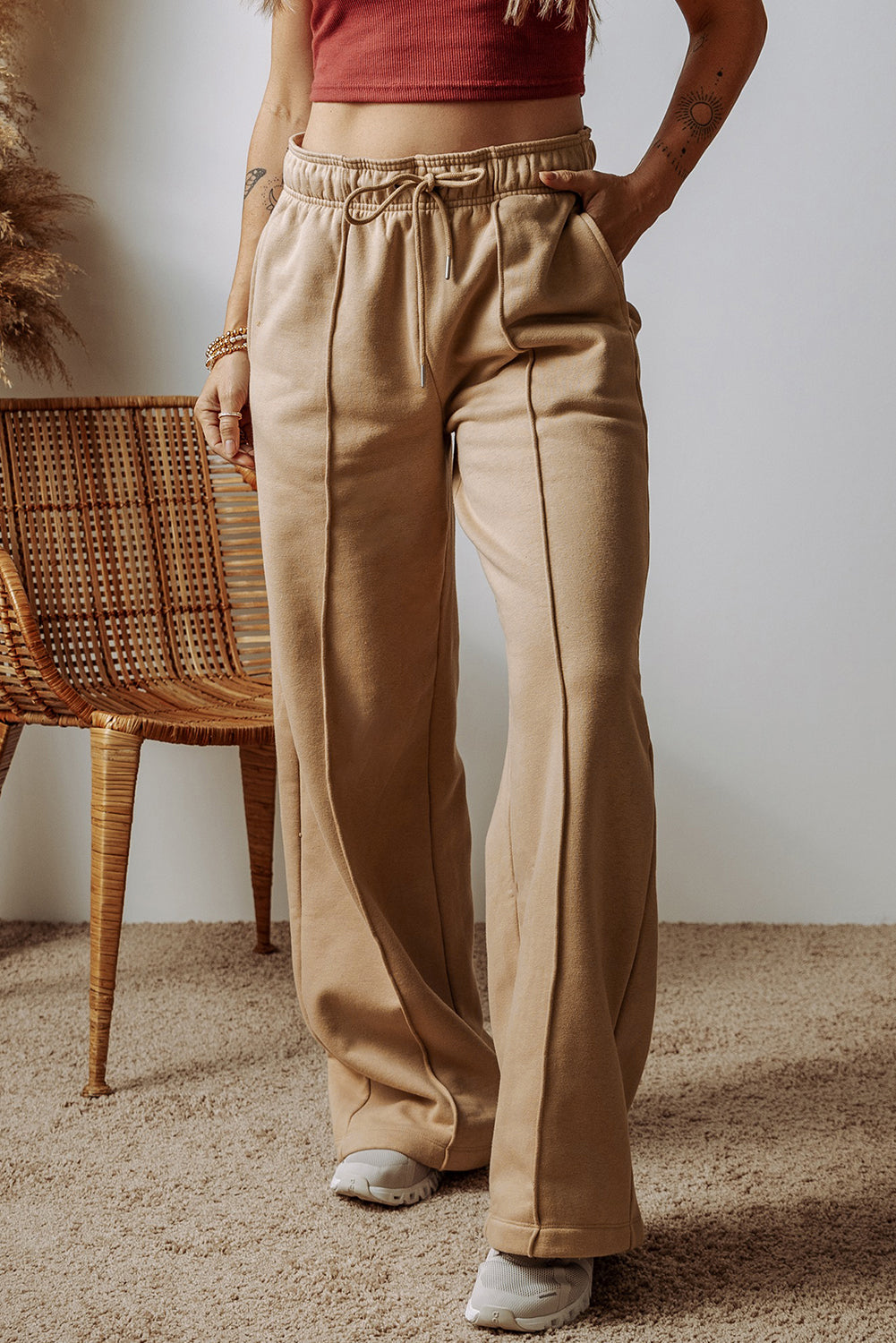 Smoke Gray Exposed Seam Drawstring Wide Leg Pants