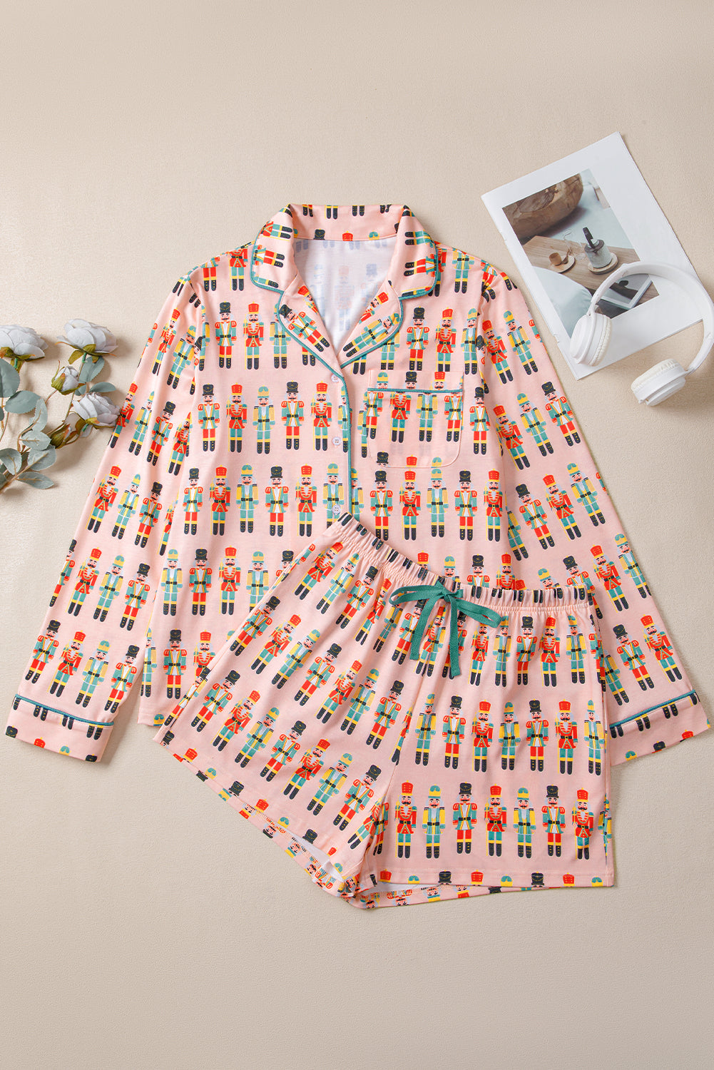 Pink Nutcracker Long Sleeve Button Up Pajama Short Set