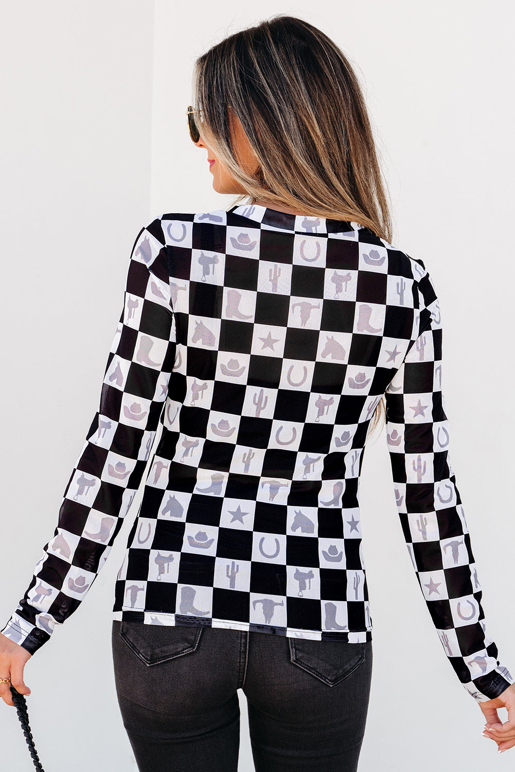 Black Checkered Western Elements Mesh Long Sleeve Top