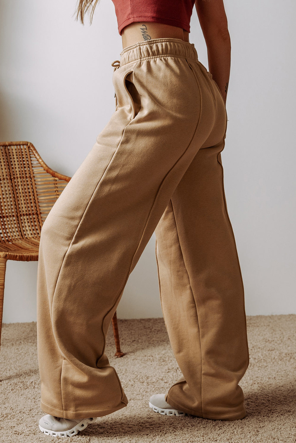 Smoke Gray Exposed Seam Drawstring Wide Leg Pants