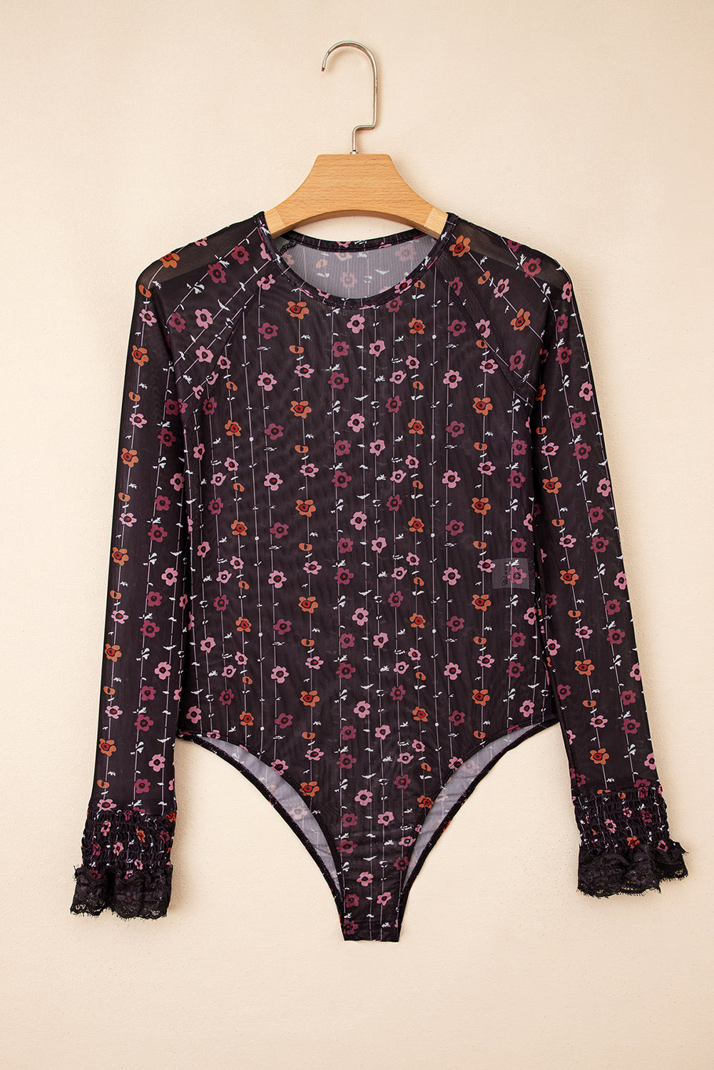 Black Floral Print Smocked Cuff Mesh Bodysuit
