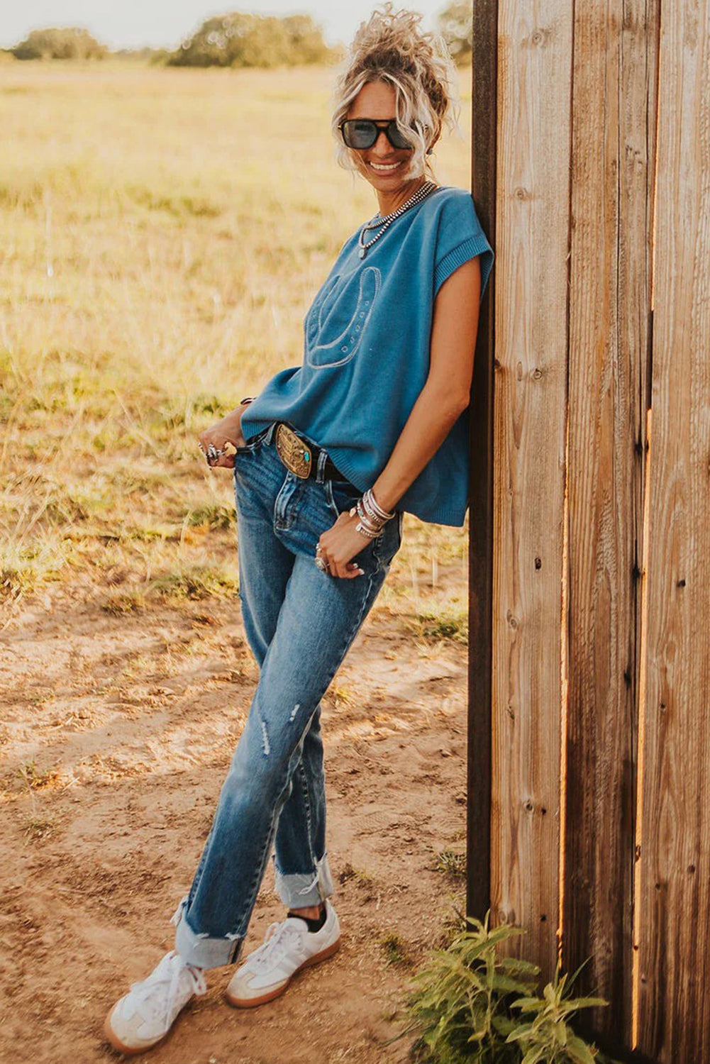 Blue Horse Shoe Embroidered Loose Short Sleeve Sweater