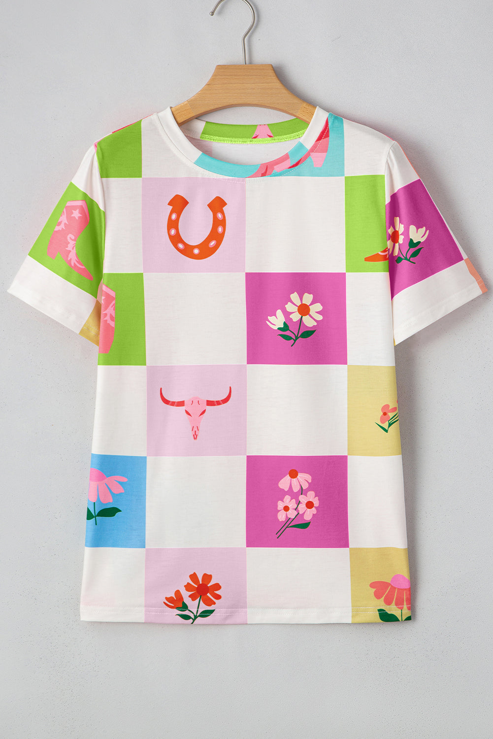 Western Fashion Checkered Print Crewneck T-Shirt