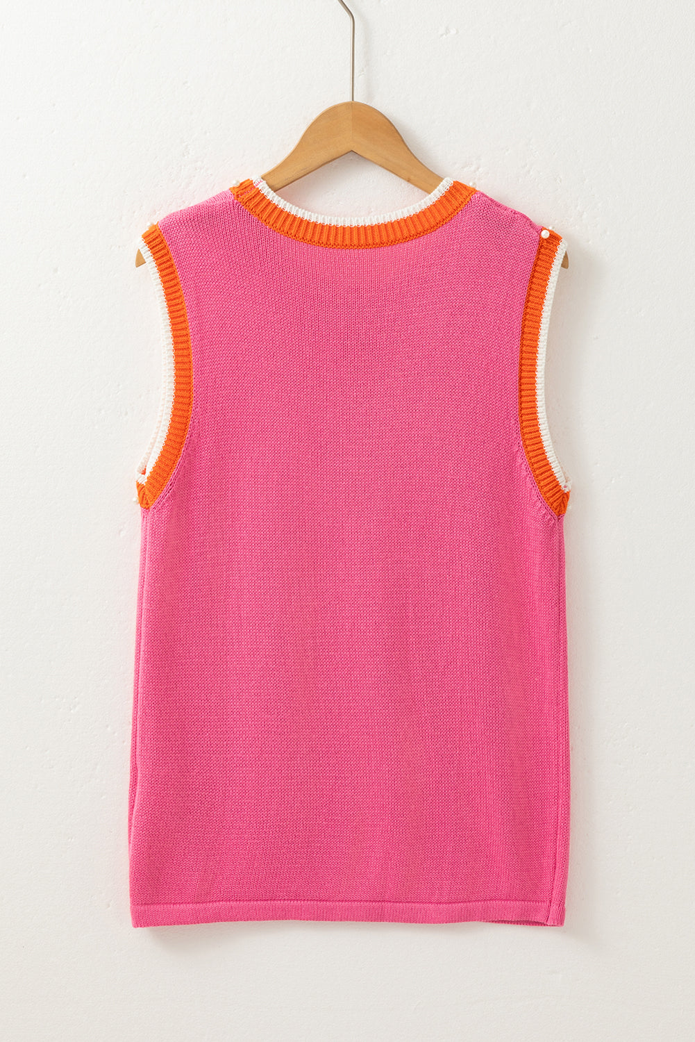 Pink Contrast Trim Pearl Detail Sweater Tank Top