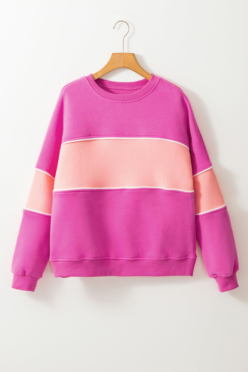 Pink Colorblock Drop Shoulder Ribbed Trim Sweatshirt