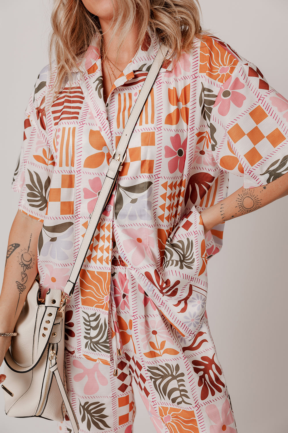 Floral Checkered Print Collared Shirt and Wide Leg Pants Set