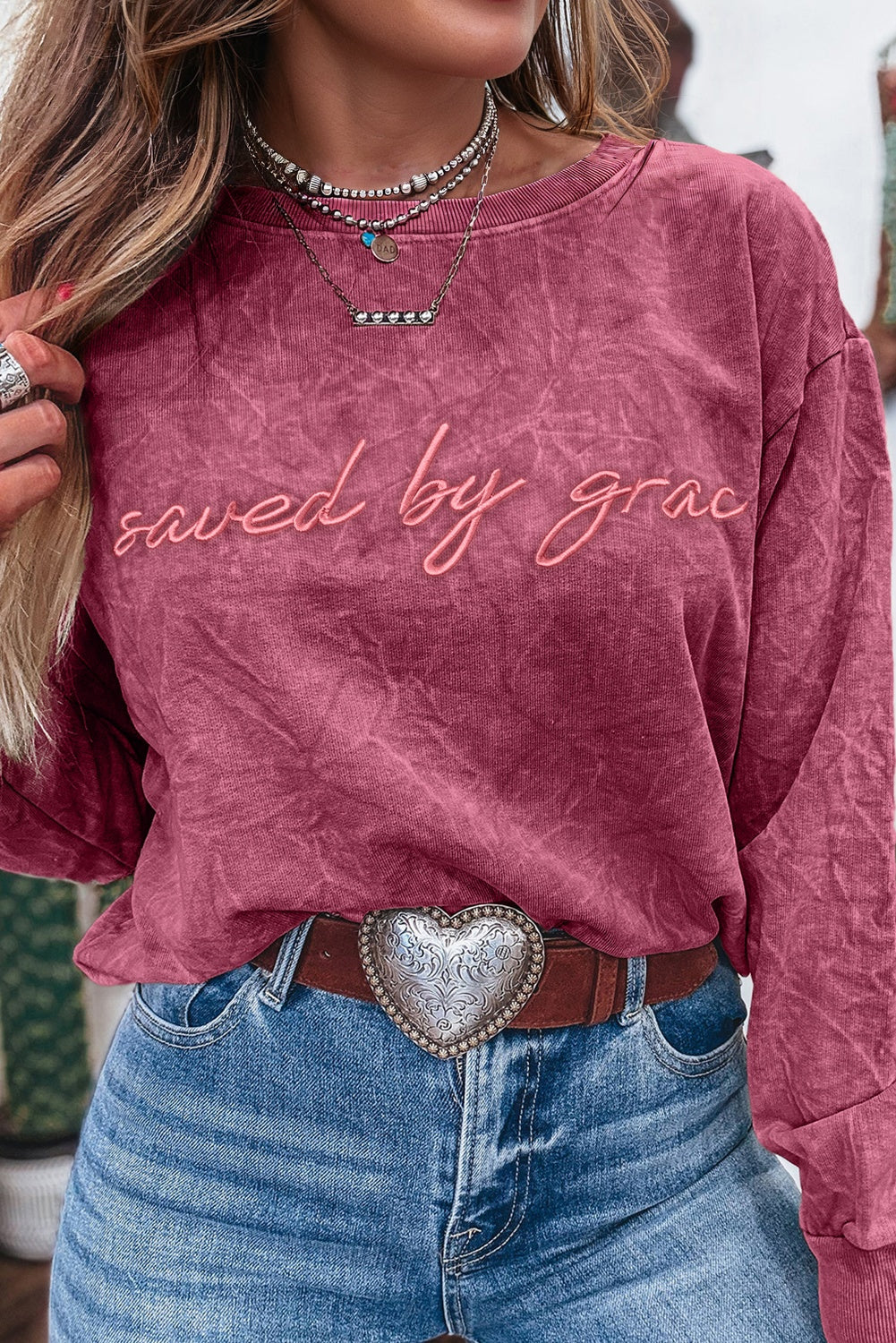 saved by grace Letter Embroidery Mineral Wash Loose Sweatshirt