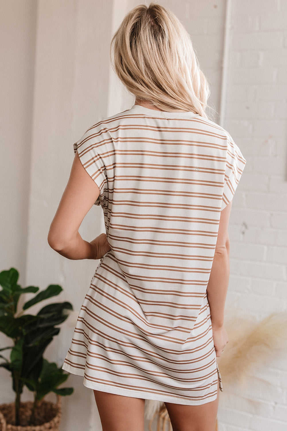 Khaki Stripe Sleeveless Pocketed Mini Dress
