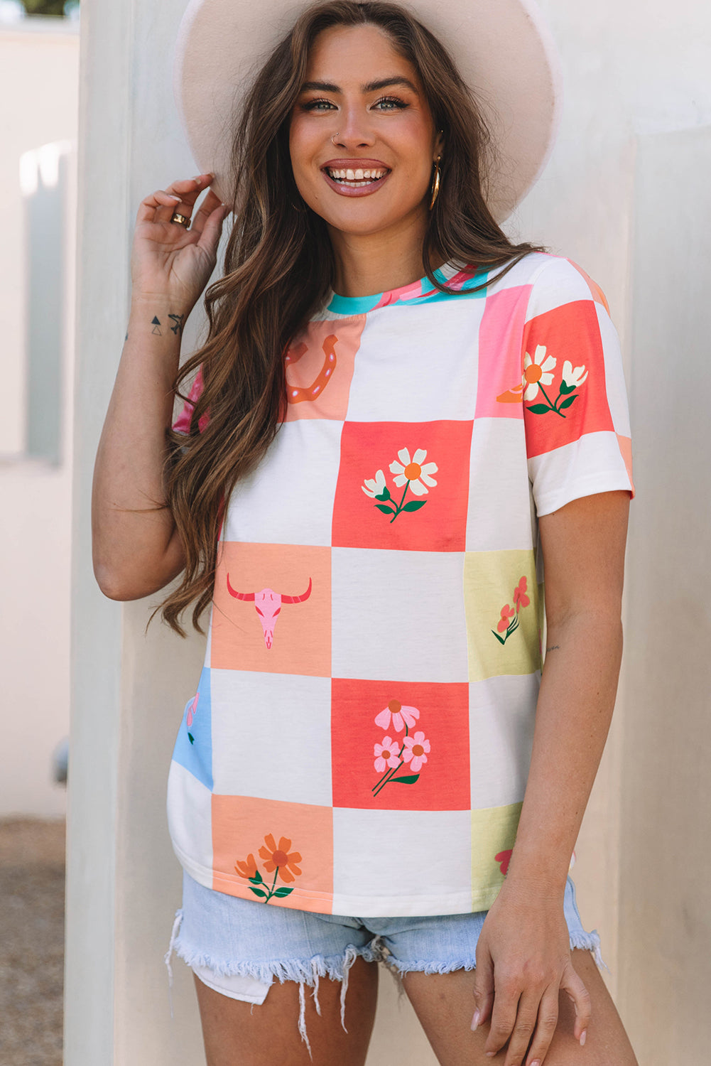Western Fashion Checkered Print Crewneck T-Shirt