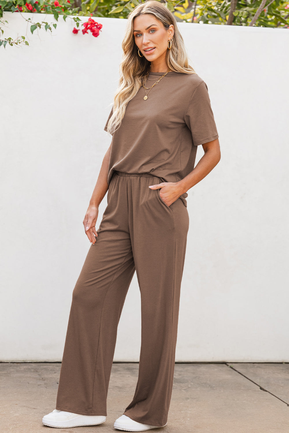 Solid Color T-Shirt and Wide Leg Pants Set