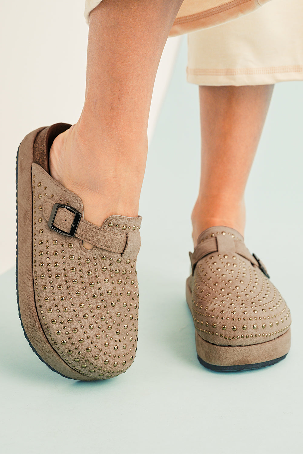 Studded Buckle Closed Toe Platform Slip-Ons