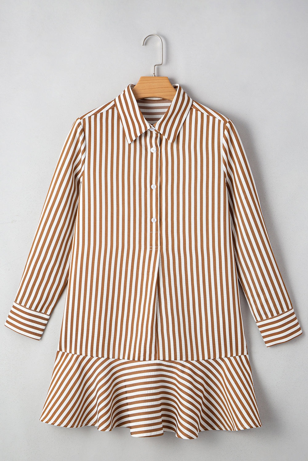Brown Stripe Ruffled Hem Long Sleeve Mini Dress